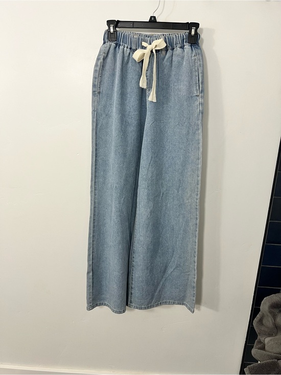 Miou Muse Denim - Festival Wide Leg Light Blue Denim Jeans with Drawstring Waist